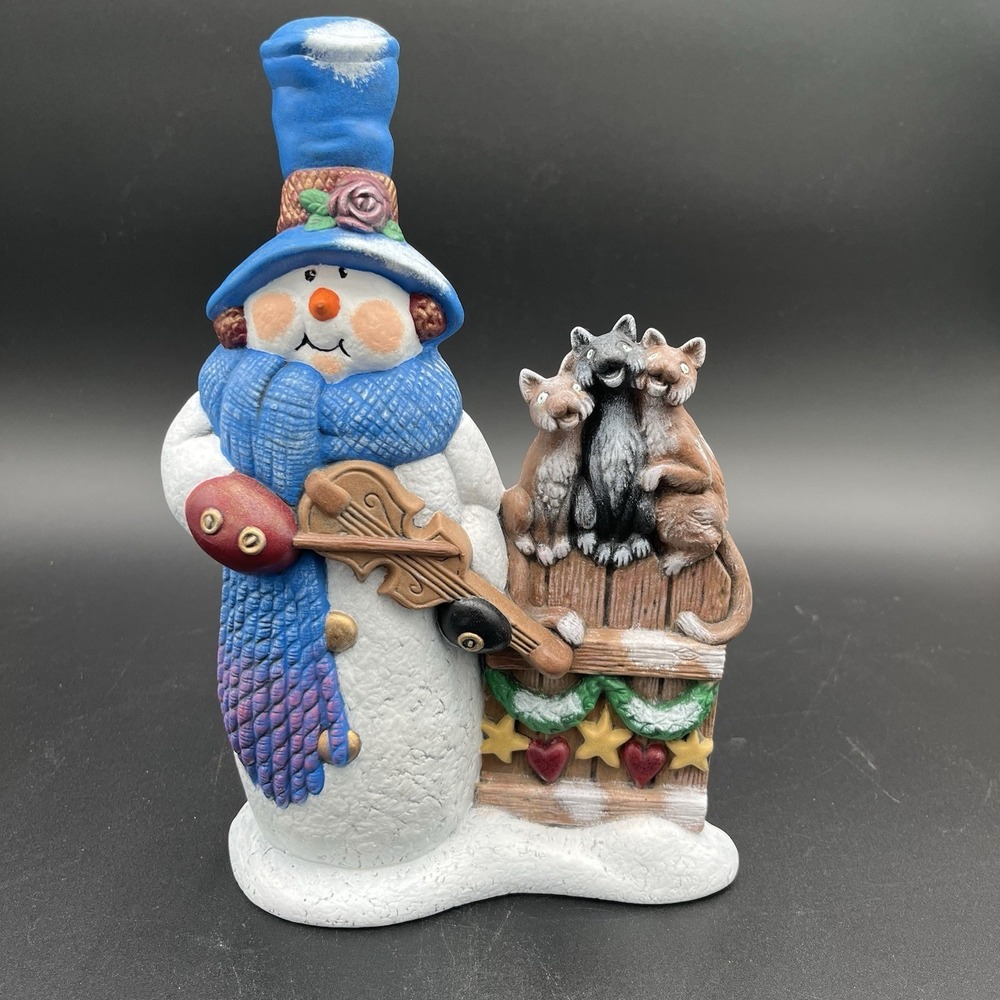 Handmade Christmas Ceramic Snowman Playing Violin For Cat Friends